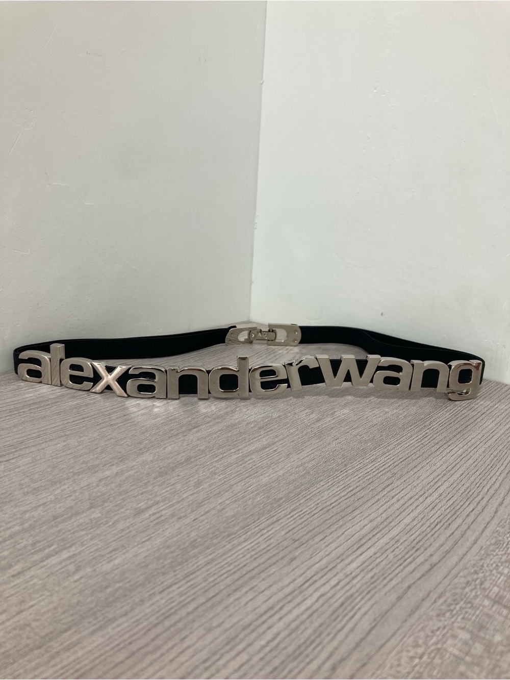 Alexander Wang Black Strap Belt with Silver Signature Logo